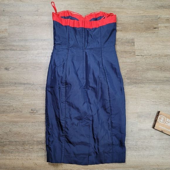 H&M Strapless Silk Dress Red Blue Sweetheart Sleeveless Sheath Casual Cocktail - Picture 12 of 12